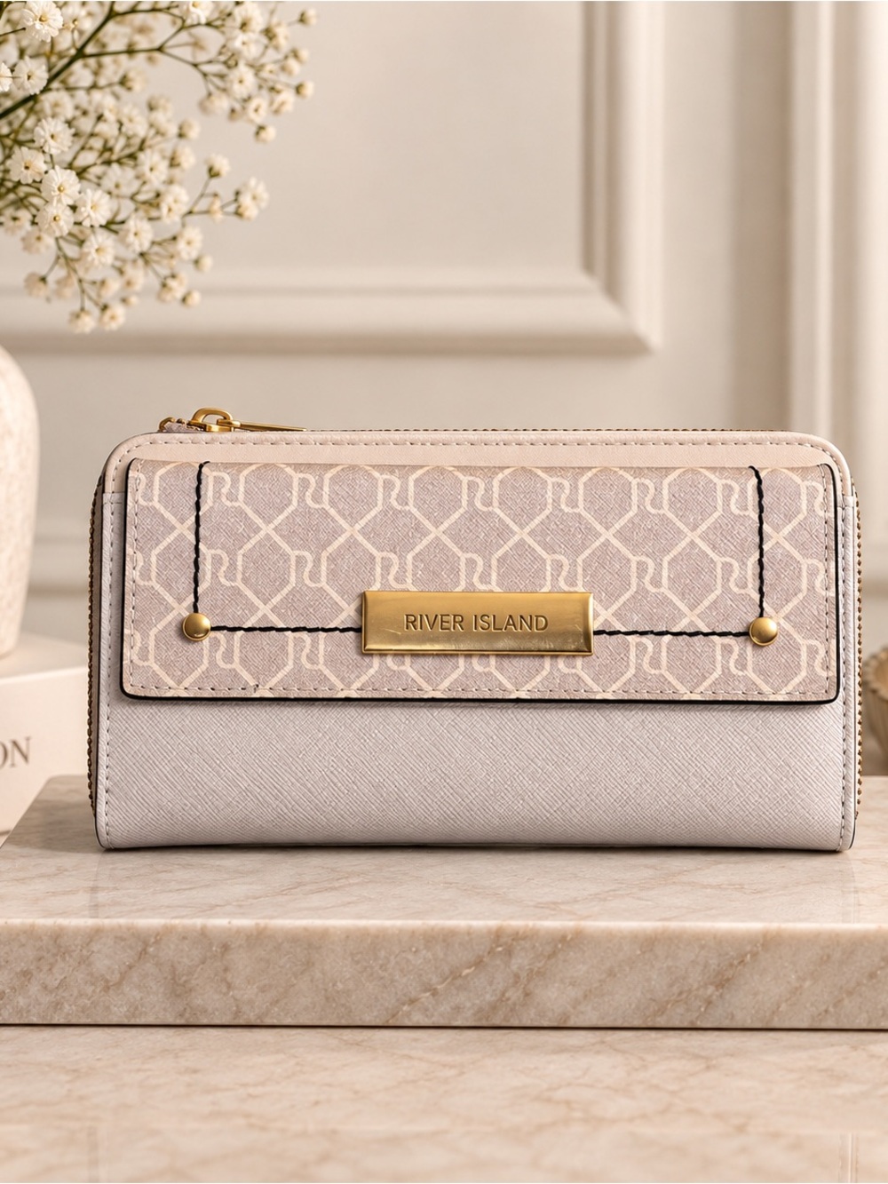 River Island Beige Patterned Zip-Around Wallet with Gold Plate